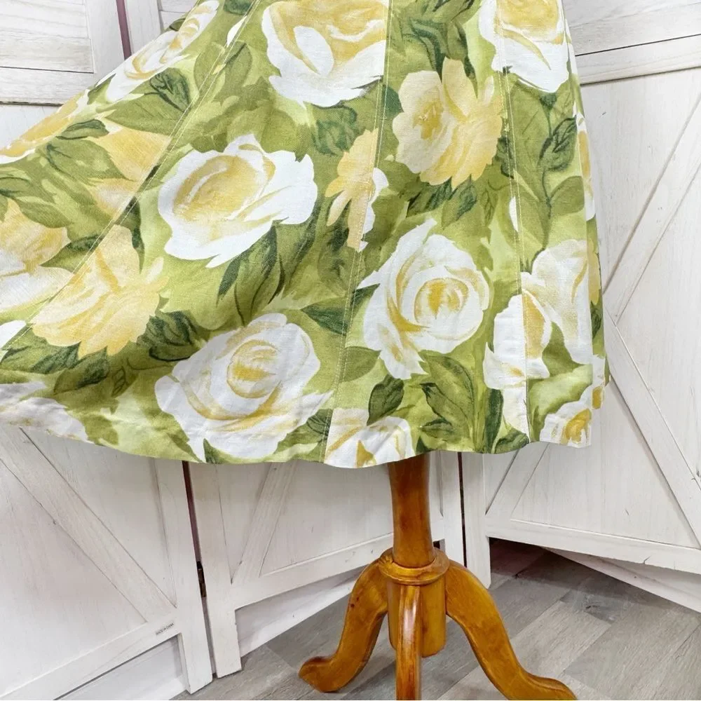 Premise Floral Roses Linen Blend A Line Flare Midi Skirt Lime Green Yellow 4‎
